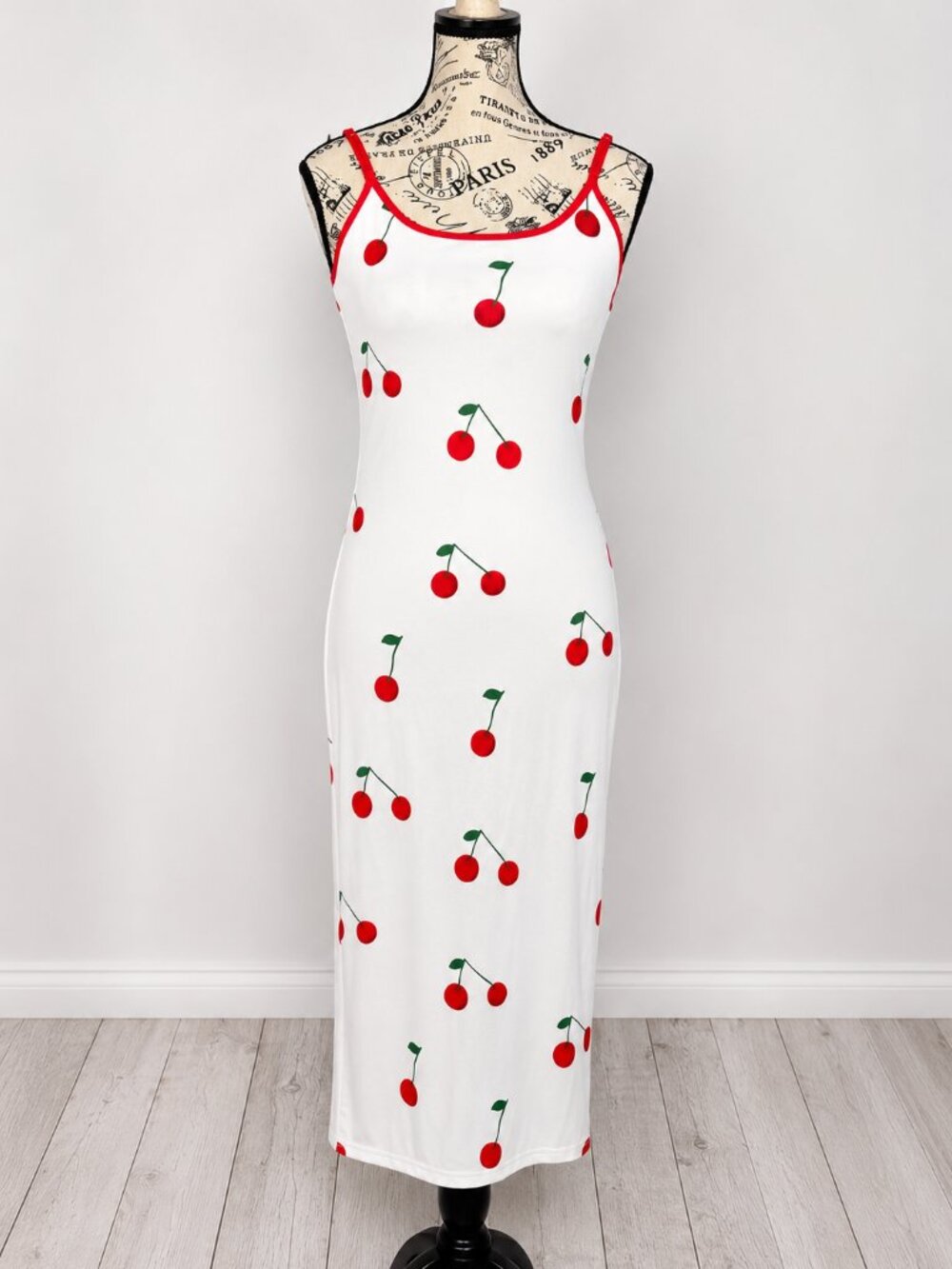 SHEIN Cherry Print Maxi Dress Womens Small White Red Fruit Print Spaghetti Strap - Picture 2 of 8